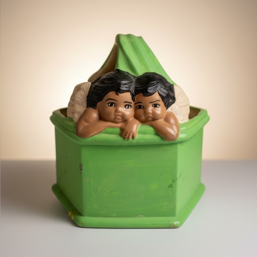 Vintage Cherub Planter Angel Baby Basket Kitsch Decor Nursery Home Decor Basket - Picture 3 of 11